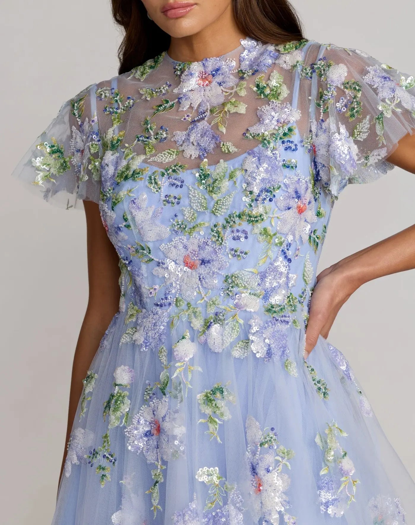 Blue Flutter Sleeve Embroidered A-Line Midi Dress - Image 2