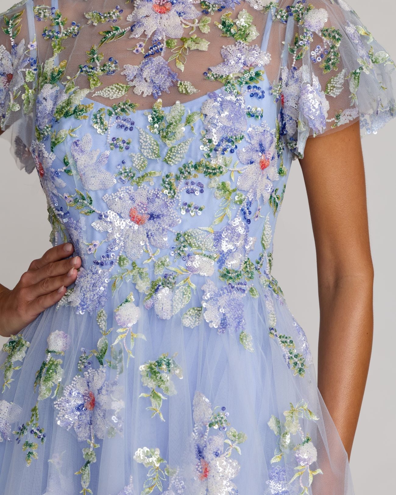 Blue Flutter Sleeve Embroidered A-Line Midi Dress - Image 3
