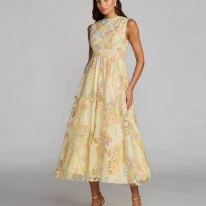 Yellow Sleeveless Embroidered A-Line Midi Dress