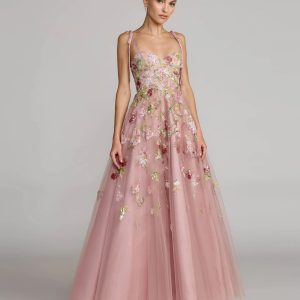 Pink Floral Embellished Tulle Ball Gown