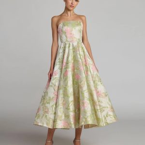 Green Floral Strapless A-Line Midi Dress
