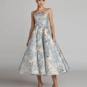 Blue Strapless Brocade A-Line Midi Dress With Pockets