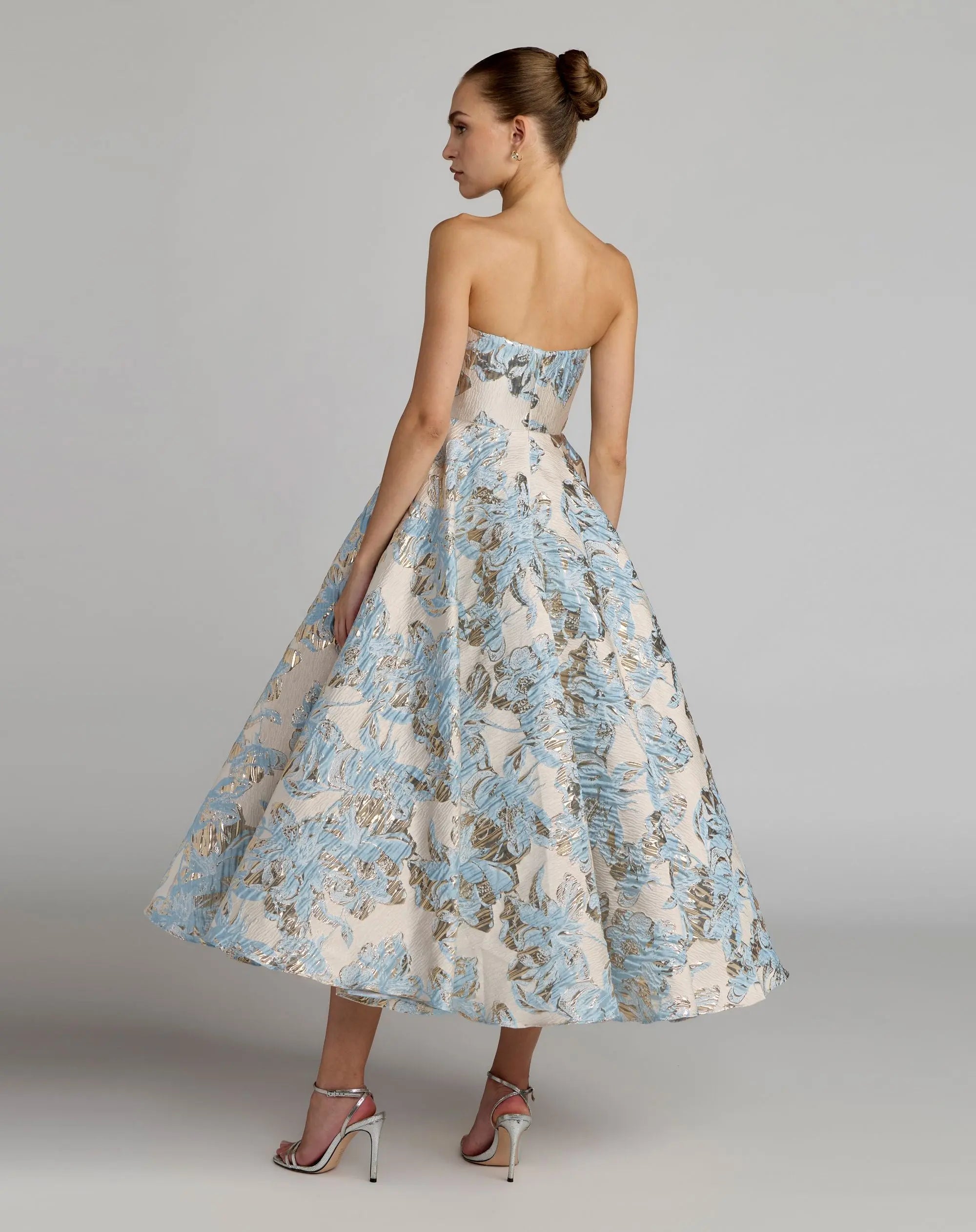 Blue Strapless Brocade A-Line Midi Dress With Pockets - Image 3