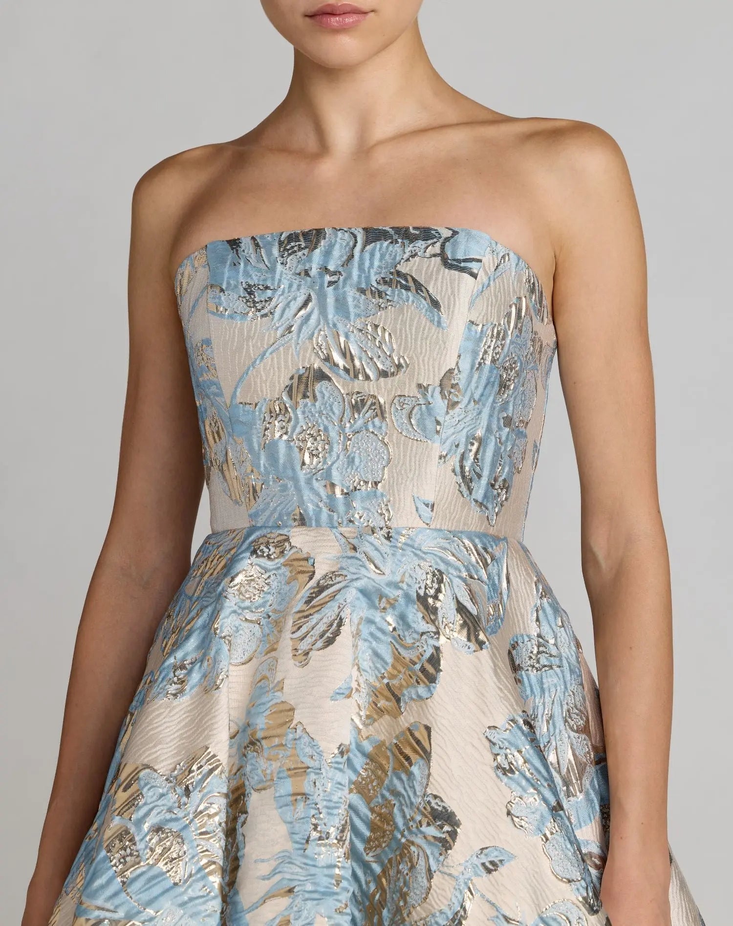 Blue Strapless Brocade A-Line Midi Dress With Pockets - Image 2
