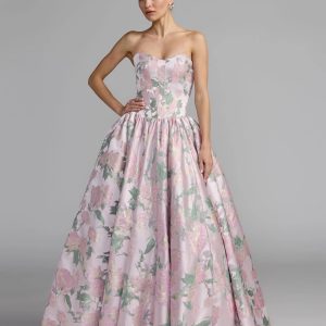 Pink Floral Strapless Ball Gown with Pockets