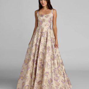 Beige Sleeveless Square Neck Brocade Ball Gown