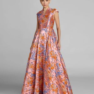 Pink Brocade Cap Sleeve Ball Gown