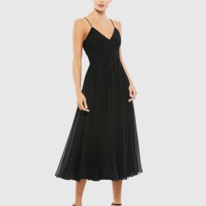Black Faux Wrap Sleeveless Flowy Midi Dress