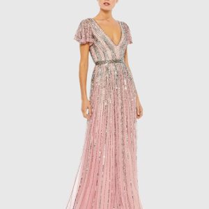 Stripe Sequin V-Neck Gown