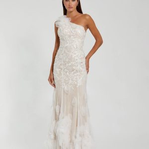 White Beaded Strappy One Shoulder Petal Mermaid Gown
