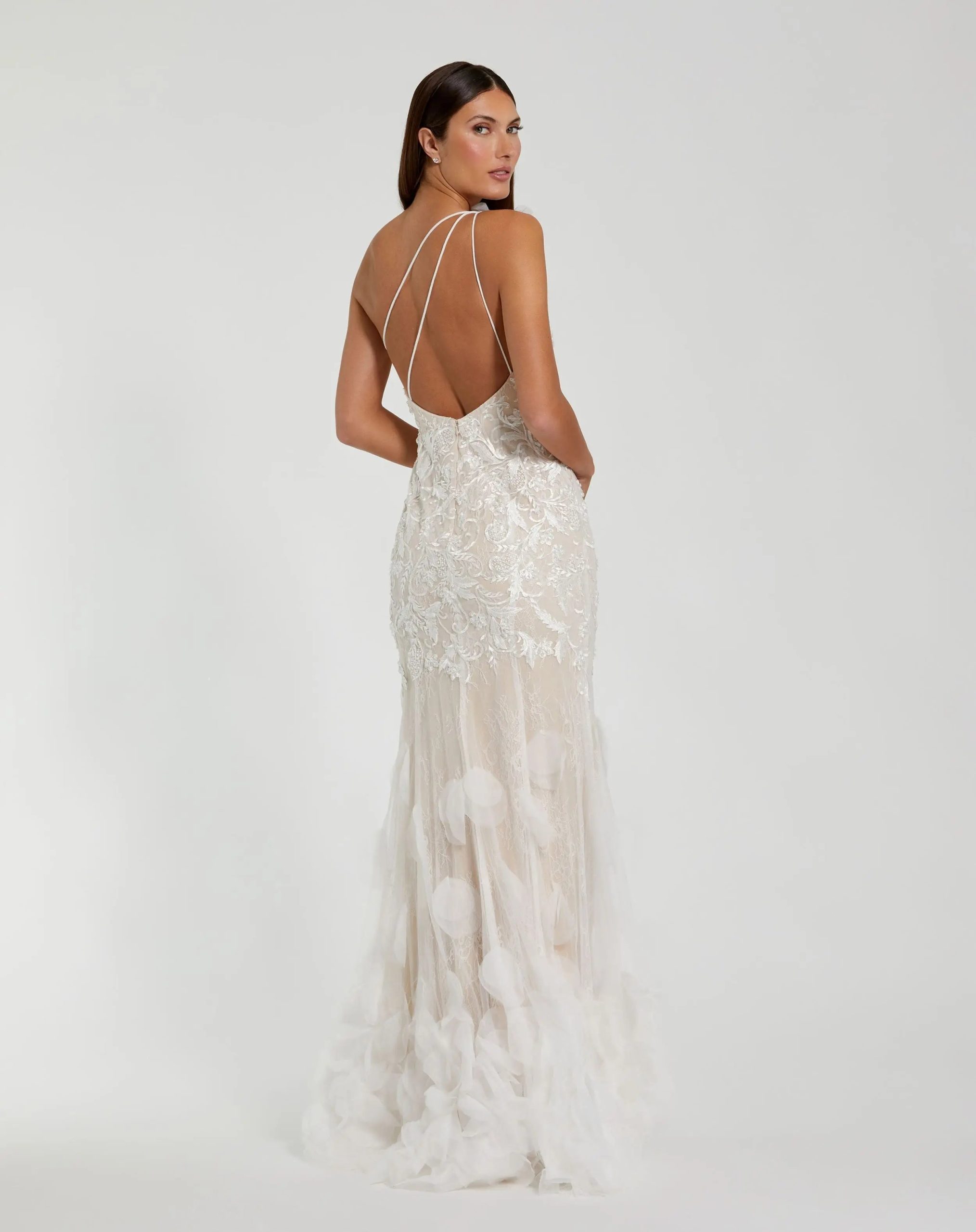 White Beaded Strappy One Shoulder Petal Mermaid Gown - Image 2