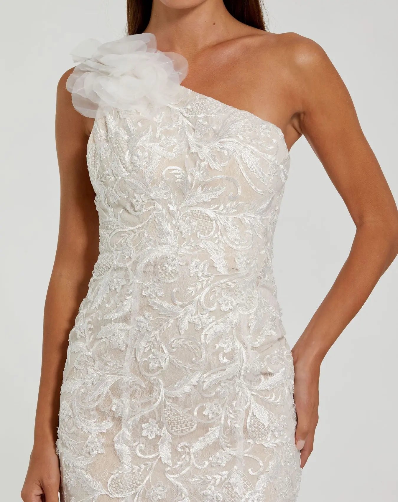 White Beaded Strappy One Shoulder Petal Mermaid Gown - Image 3