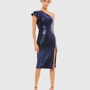 Sequined Flutter One Shoulder Fitted Midi Dress