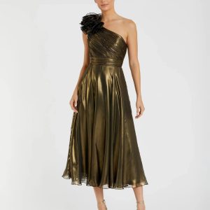 Gold Rosette One Shoulder Tea Length Dress