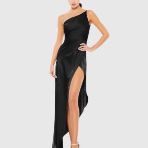 Black One Shoulder Hi-Low Draped Charmeuse Dress