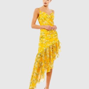 Yellow Floral Ruffle Asymmetrical Hi Low Hem Dress