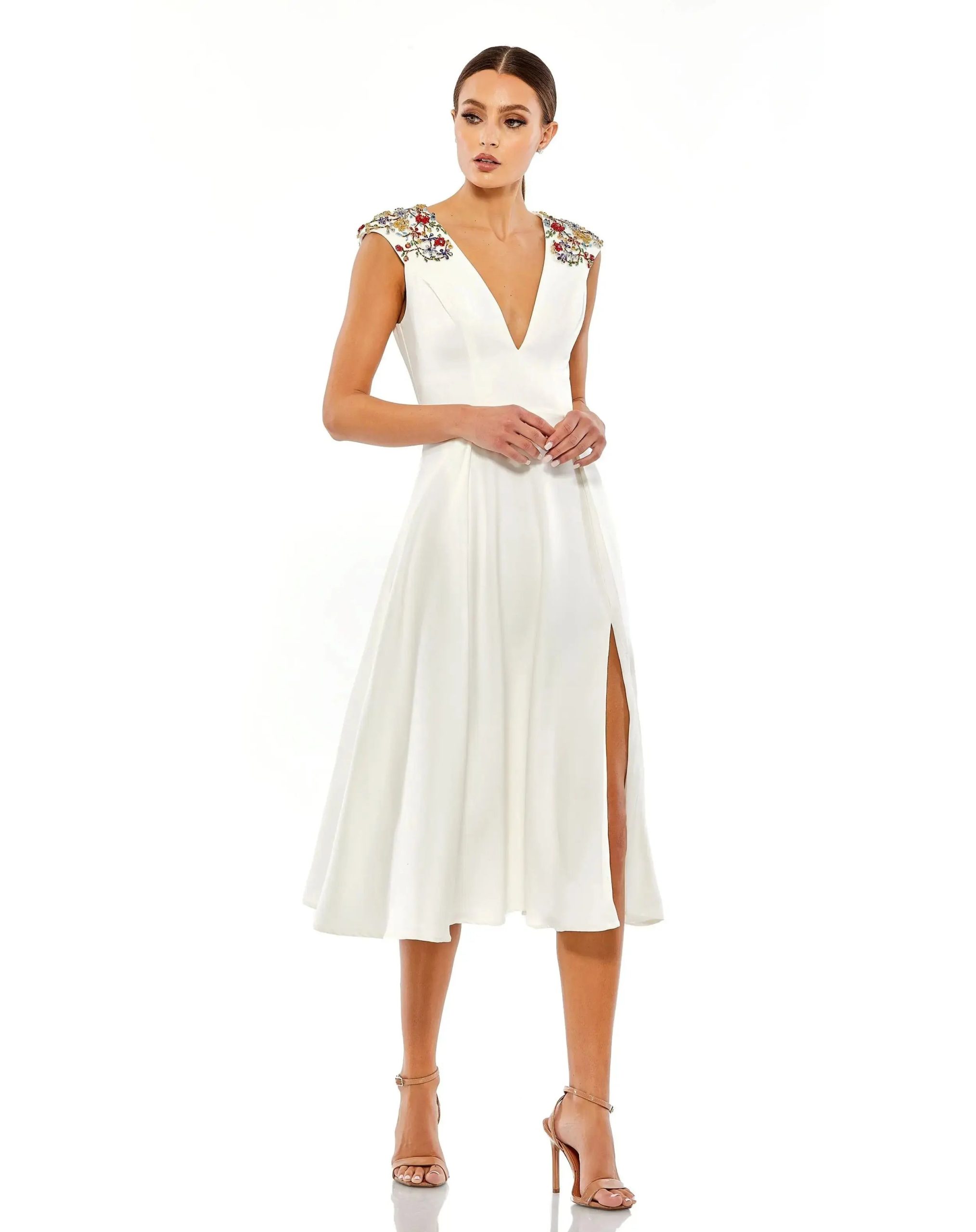 Beaded Cap Sleeve A Line Midi Dress - Image 2