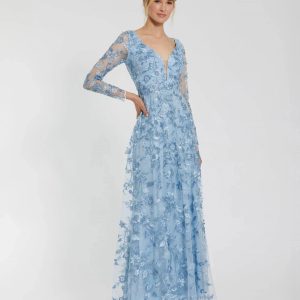 Blue Floral Applique Long Sleeve Illusion Gown