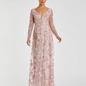 Pink Floral Applique Long Sleeve Illusion Gown