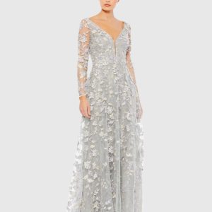Gray Floral Applique Long Sleeve Illusion Gown