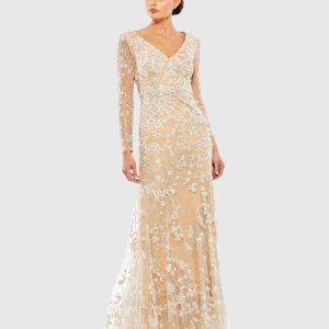 Beige Embroidered V Neck Long Sleeve Trumpet Gown - FINAL SALE