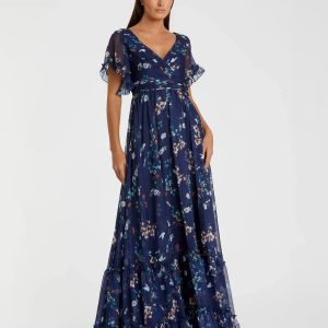 Navy Multicolor Flounce Sleeve Floral Maxi Dress