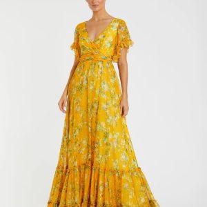 Yellow Multicolor Flounce Sleeve Floral Maxi Dress