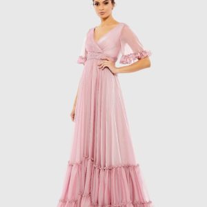 Butterfly Ruffle Trimmed Sleeve Wrap Over Flowy Gown