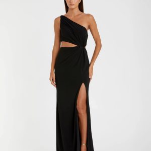 Black One Shoulder Ruched Cut Out Jersey Gown