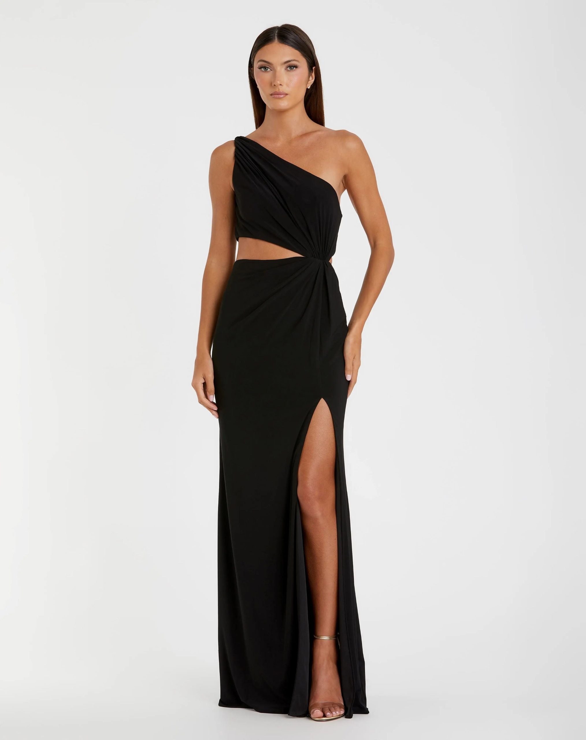 Black One Shoulder Ruched Cut Out Jersey Gown