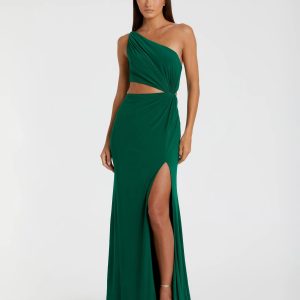 Green One Shoulder Ruched Cut Out Jersey Gown