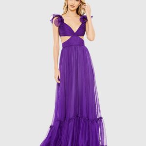 Ruched Ruffled Shoulder Cut Out Lace Up Gown