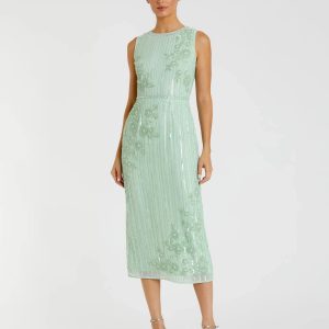 Green Striped Floral Embellished Sleeveless Midi Dress