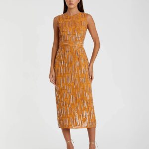 Abstract Beaded Sleeveless Midi Sheath Dress