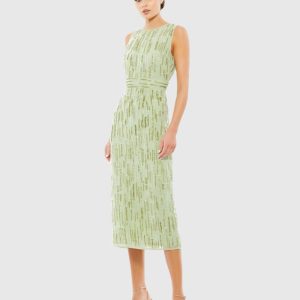 Green Abstract Beaded Sleeveless Midi Sheath Dress