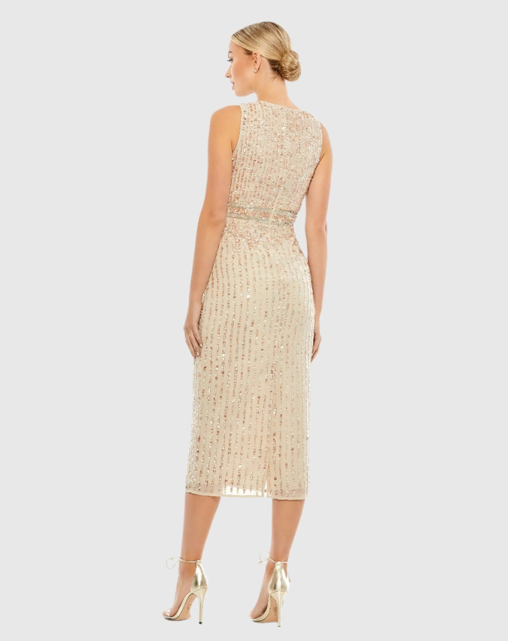 Beige Sequined Sleeveless V-Neck Midi Sheath Dress - Image 3