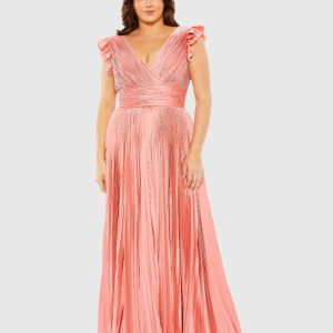 Flutter Sleeve Pleated V-Neck Gown (Plus)