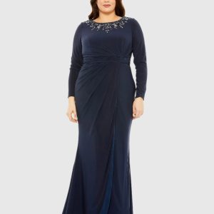 Navy Long Sleeve Embellished Neckline Jersey Gown - FINAL SALE