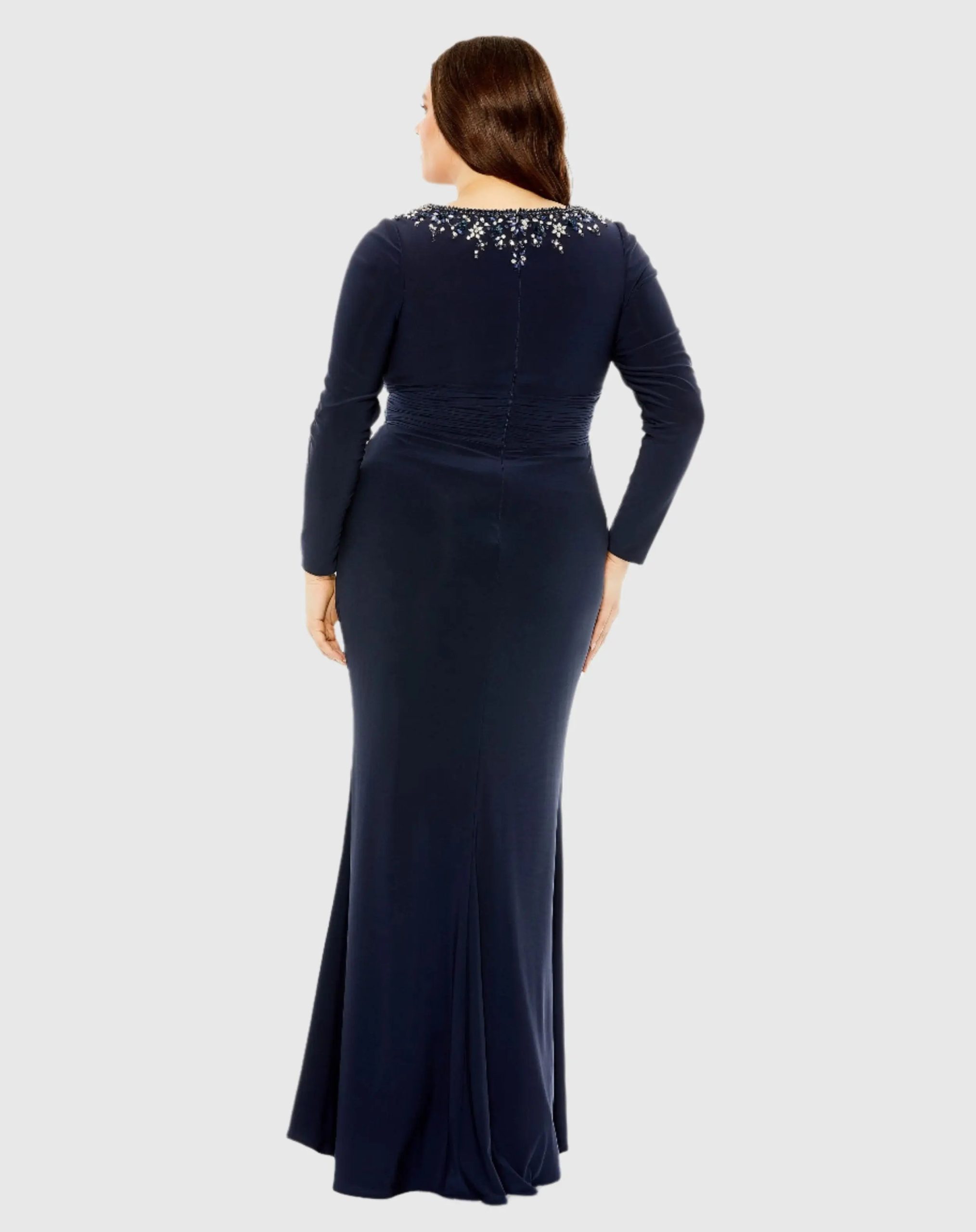Navy Long Sleeve Embellished Neckline Jersey Gown - FINAL SALE - Image 3
