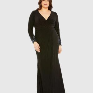Black Long Crystal Detail Sleeve V Neck Gown