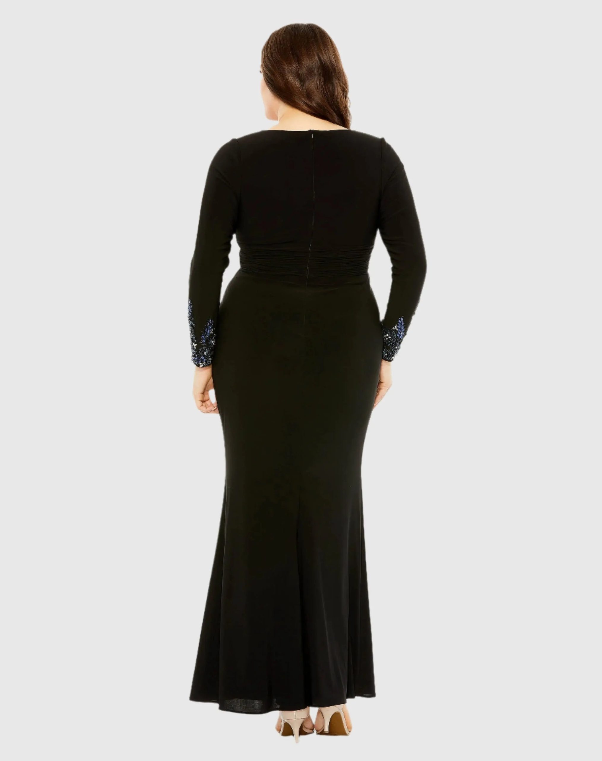 Black Long Crystal Detail Sleeve V Neck Gown - Image 3