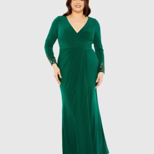 Green Long Crystal Detail Sleeve V Neck Gown - FINAL SALE