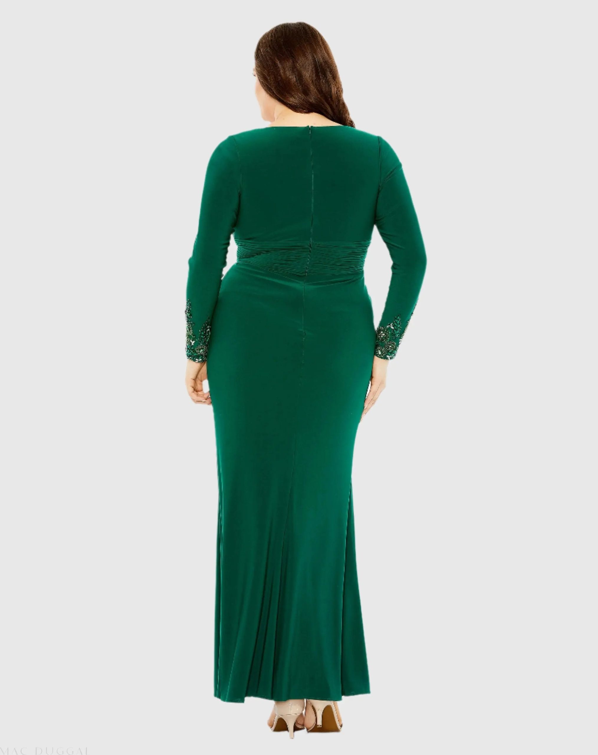 Green Long Crystal Detail Sleeve V Neck Gown - FINAL SALE - Image 3