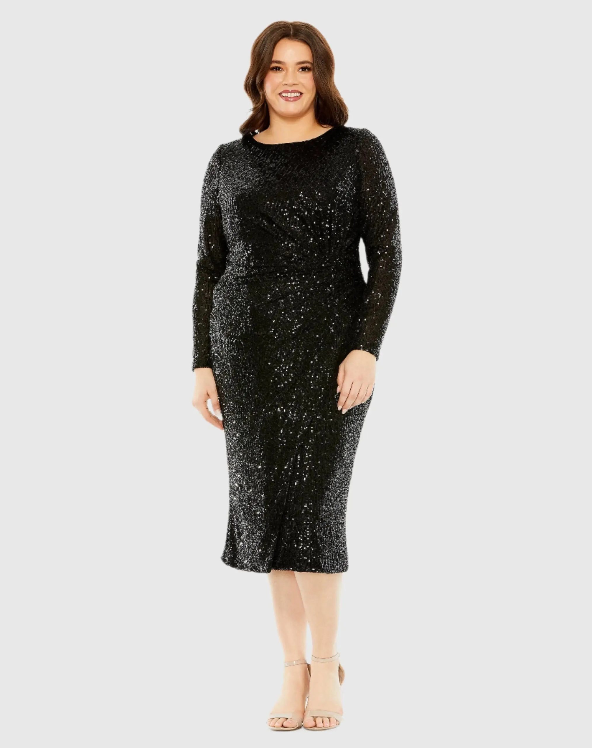 Long Sleeve Sequin Gathered Waist Dress - Image 2