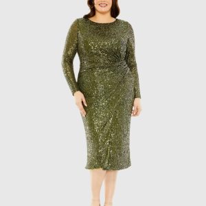 Green Long Sleeve Sequin Gathered Waist Dress - FINAL SALE
