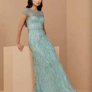 Blue Rhinestone Embellished Illusion Neck Feather Gown