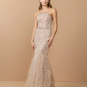Beige Strapless Embellished Mermaid Gown With Feather Hem