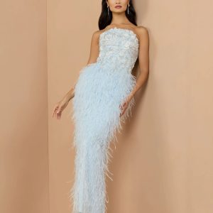 Blue Embellished Strapless Feather Gown