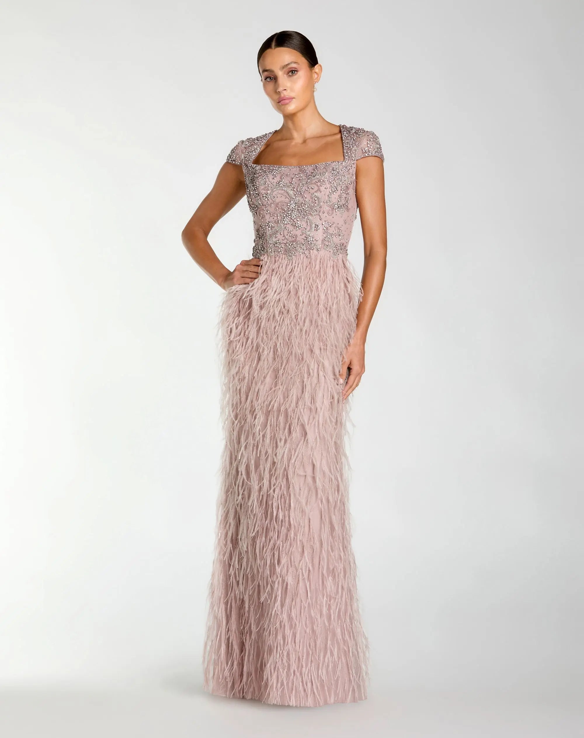 Pink Embellished Cap Sleeve Feather Gown - Image 4