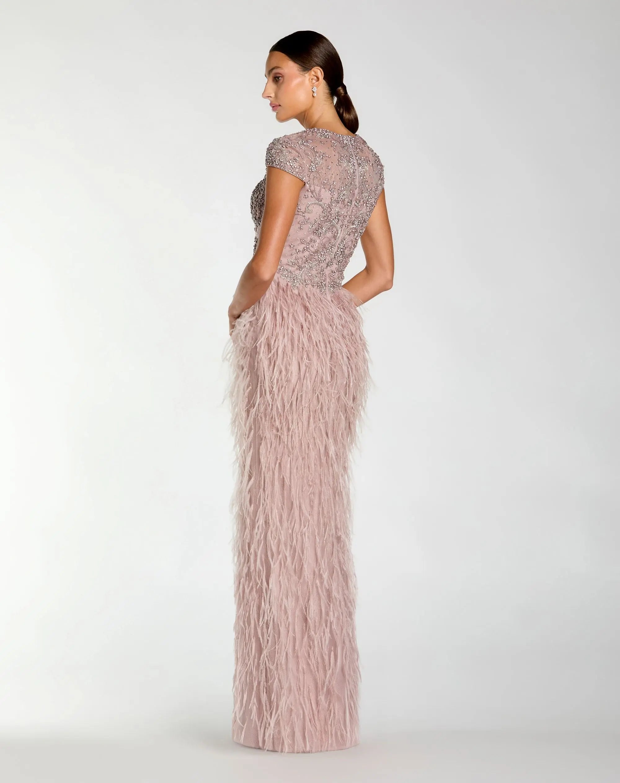 Pink Embellished Cap Sleeve Feather Gown - Image 6
